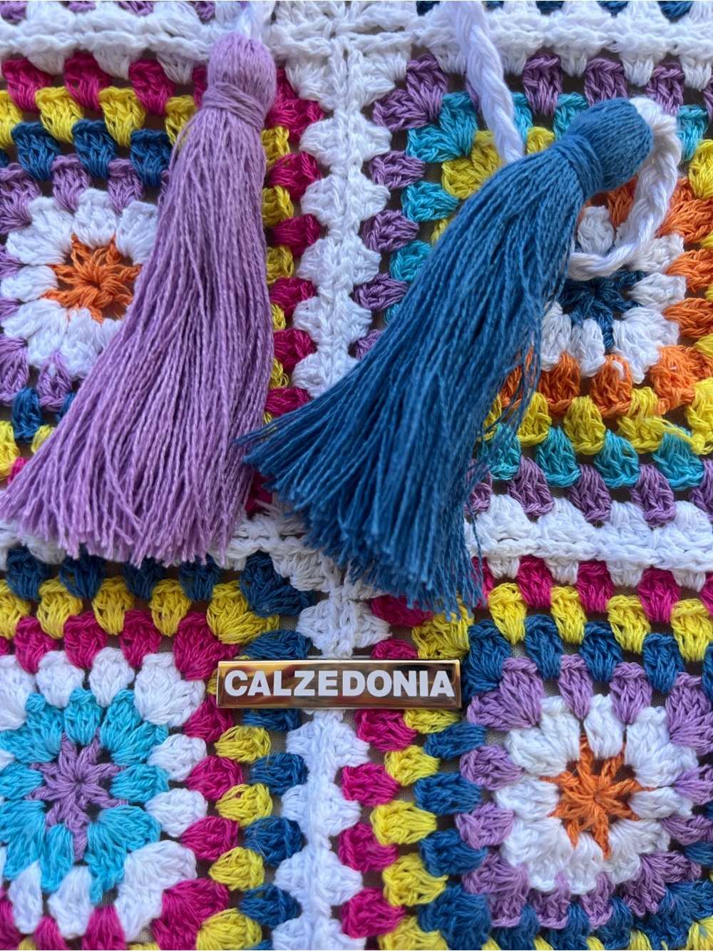 Calzedonia Crochet Granny Square Bucket Bag Boho Beach Shoulder Tote Tassel Hobo - Picture 6 of 7
